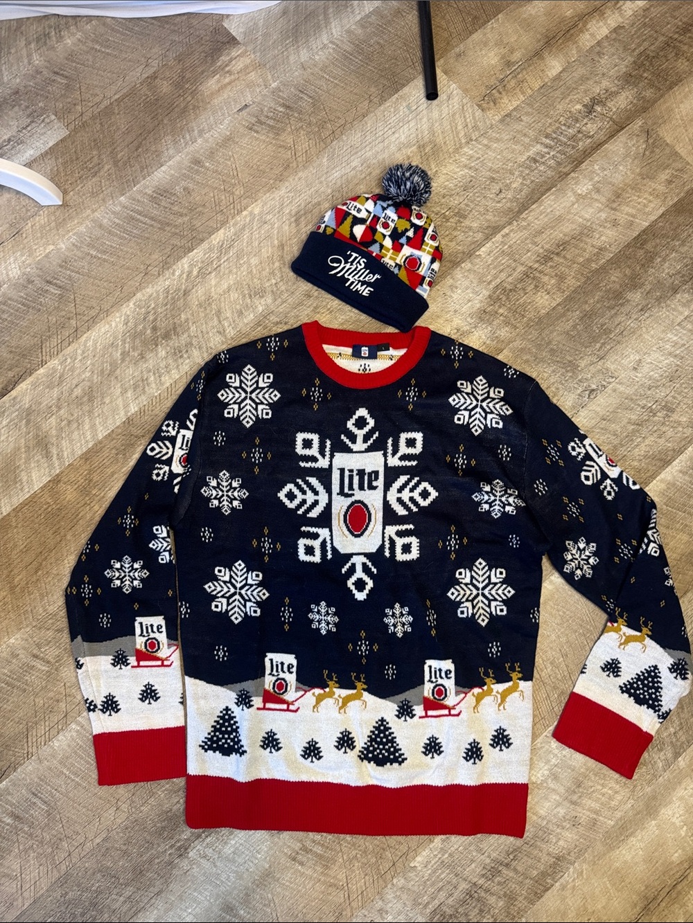 UGLY CHRISTMAS SWEATER. & ‘Tis Miller Time winter knit hat, stitched lettering